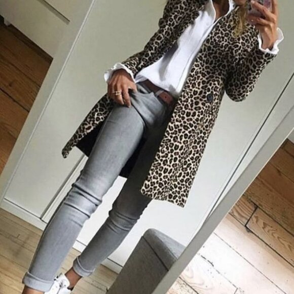 🔥🐾🔥Beautiful Coffee Black Animal Print Coat Jacket Cardigan Faux Leather Trim - Picture 2 of 12